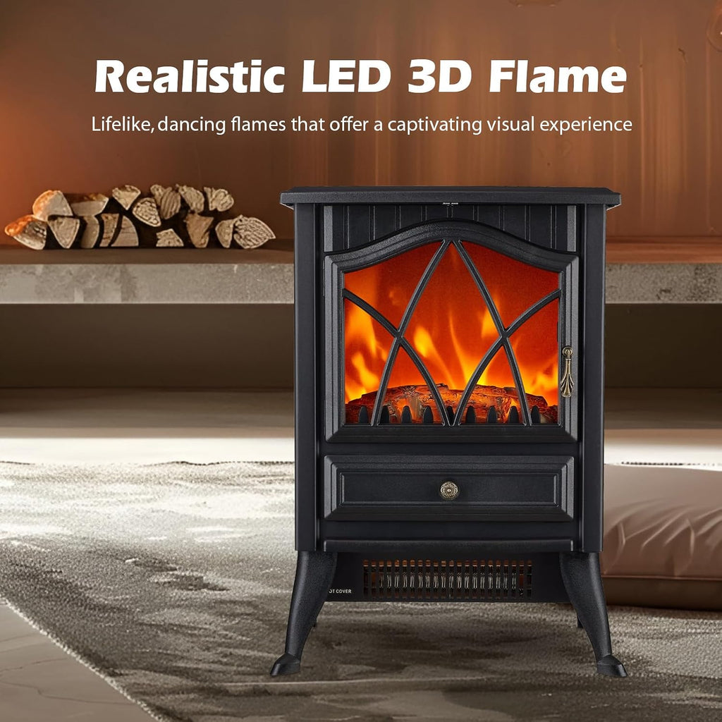 Freestanding Electric Fireplace Stove Heater, 1500W with Realistic 3D LED Flame Effect, Adjustable Brightness &
