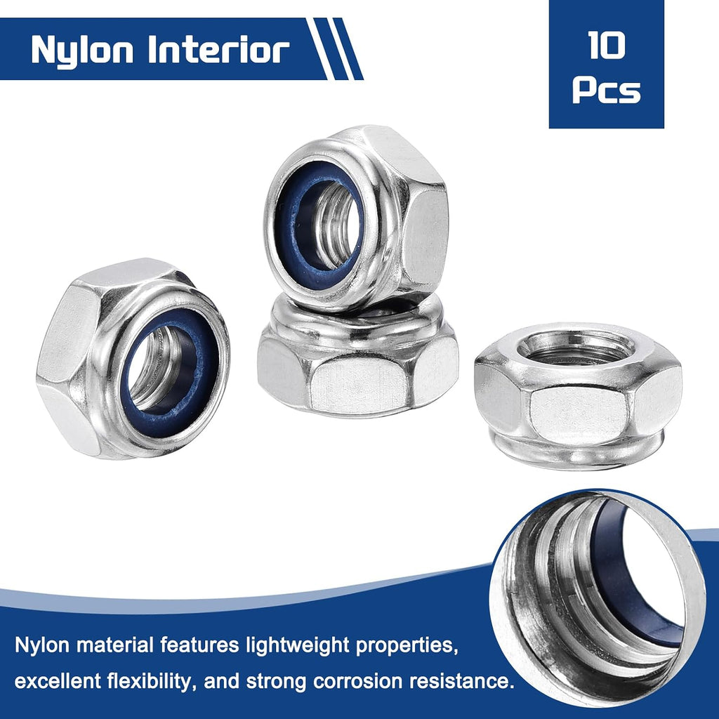 10Pcs M10-1.5 Nylon Locking Hex Nuts 304 StainlessSteel Silver