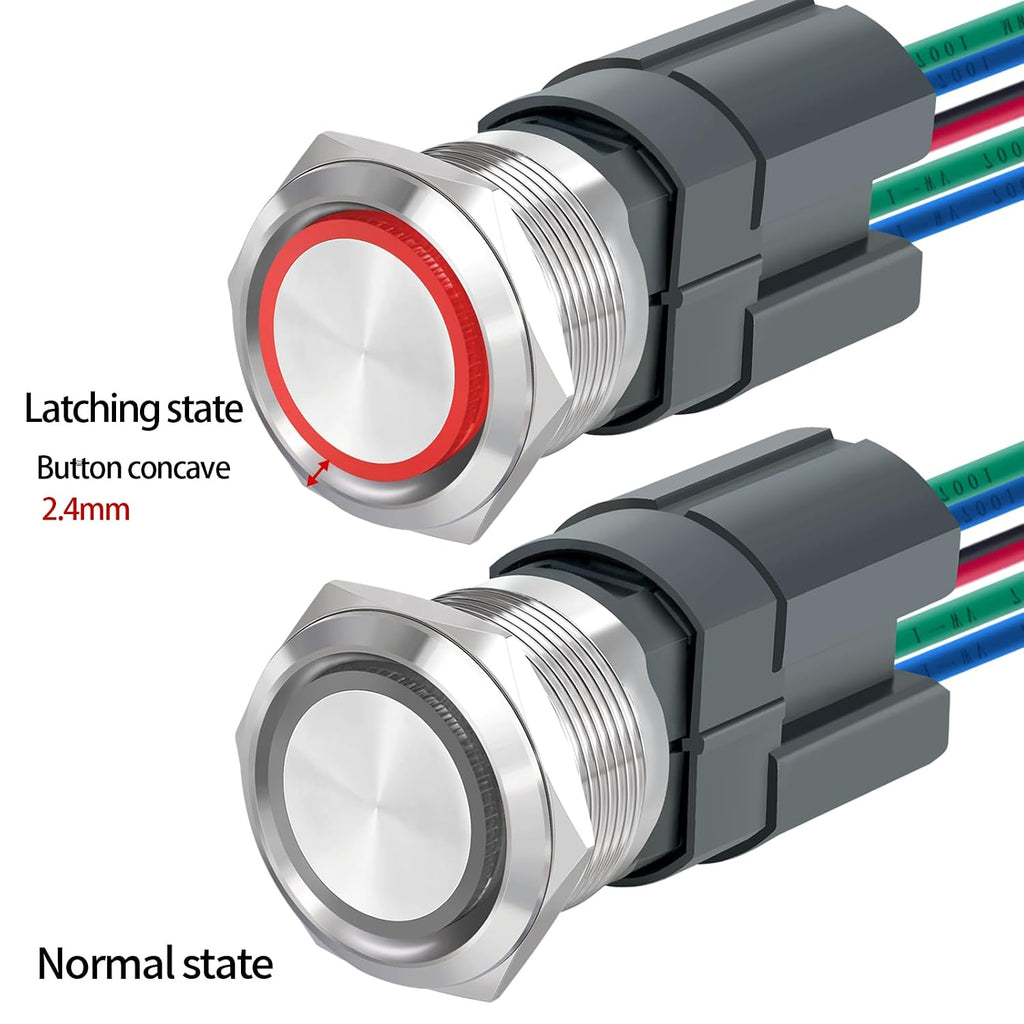 UL Listed 15Amp 22mm Momentary Push Button Switch, IP67 Waterproof, DPST 2NO, Stainless Steel 304, On Off Switch with Wire Socket, 110V Red LED.