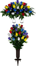 Artificial Cemetery Flowers - Gravesite Flowers - Multi Color Roses - (1) Headstone Flower Saddle & (1) Matching