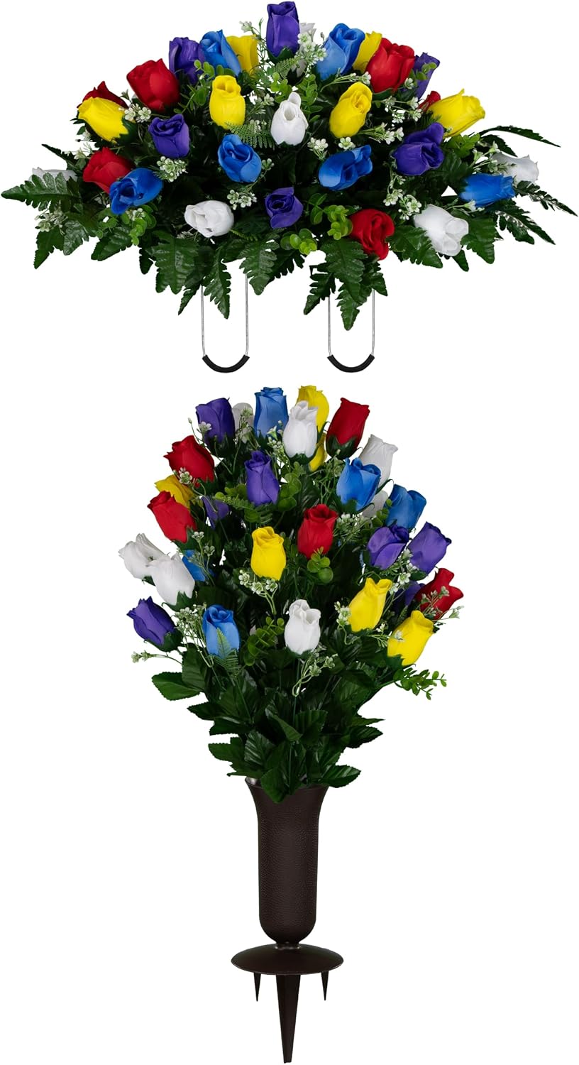Artificial Cemetery Flowers - Gravesite Flowers - Multi Color Roses - (1) Headstone Flower Saddle & (1) Matching