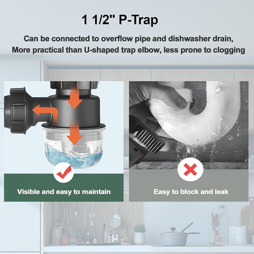 1-1/2 inch Kitchen Sink Drain Kit, space-saving kitchen drain with P-trap and extendable flexible hose (gourd