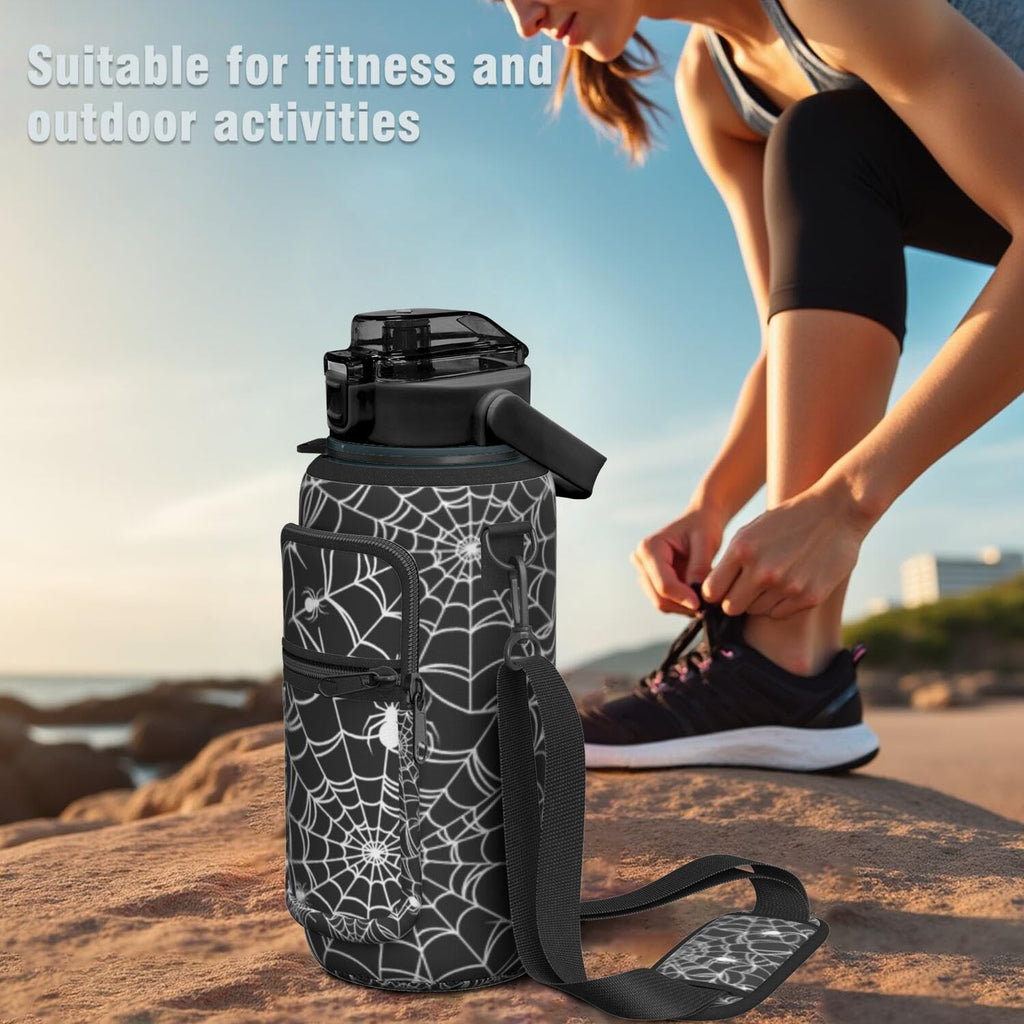 Halloween Spider Web Half Gallon Water Bottle with Sleeve, 64 OZ | Flip Top & Bpa Free Water Jug, Time Marker