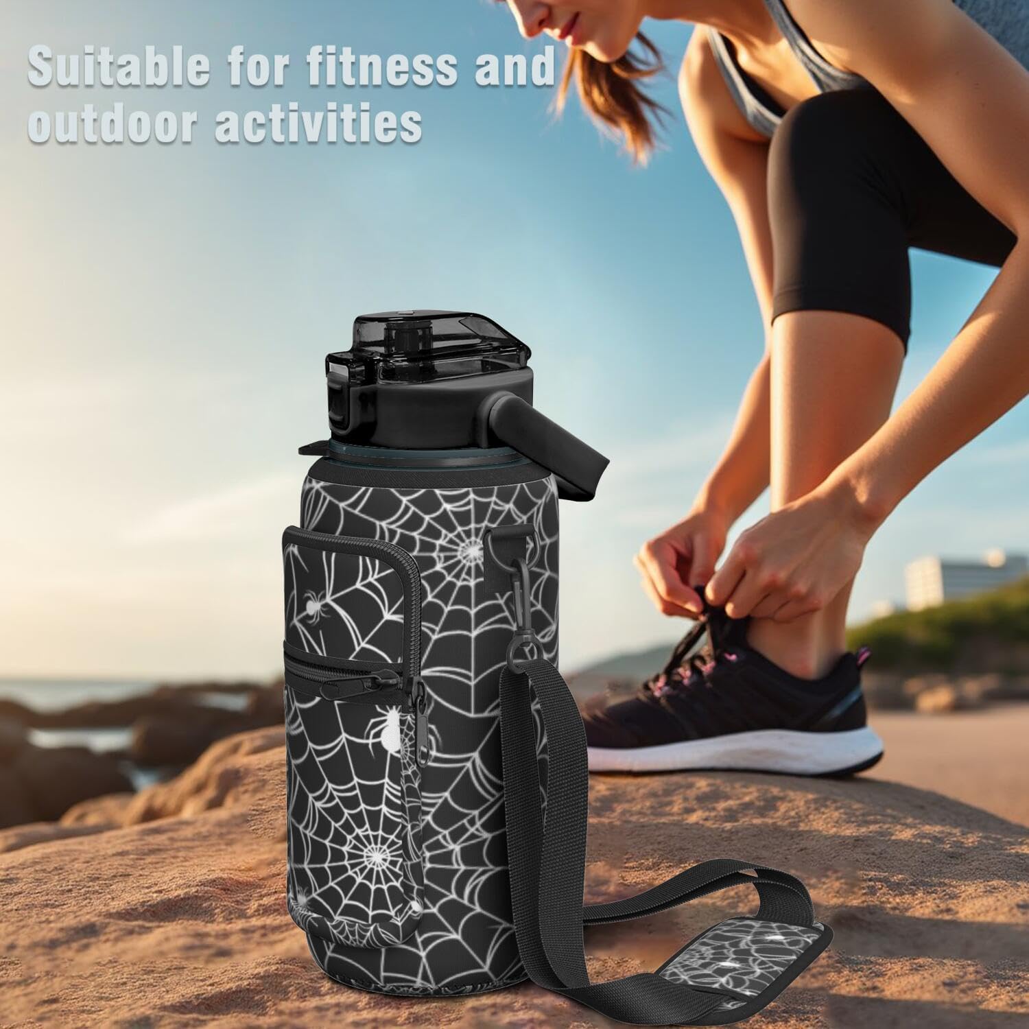 Halloween Spider Web Half Gallon Water Bottle with Sleeve, 64 OZ | Flip Top & Bpa Free Water Jug, Time Marker