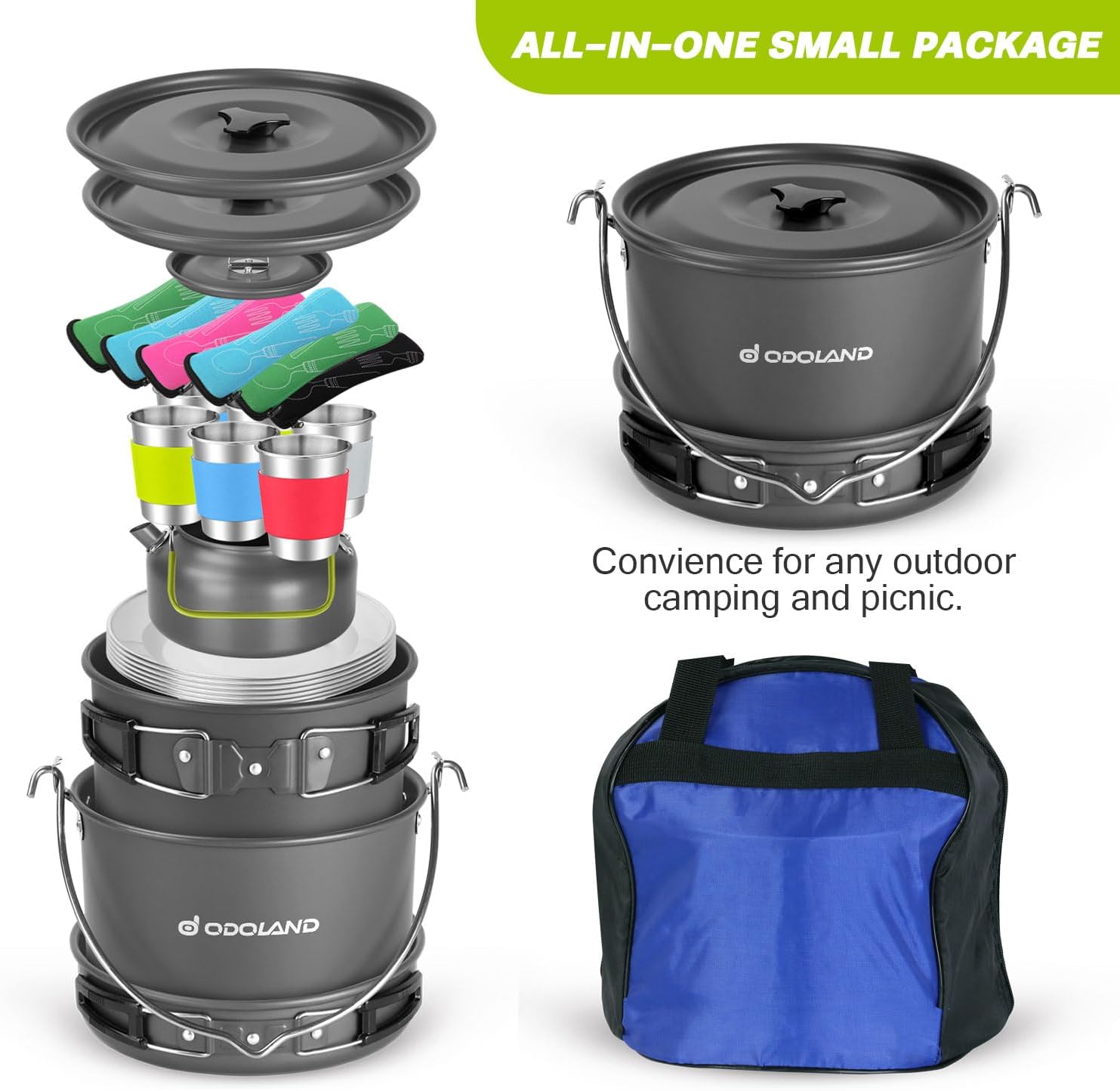 39pcs Camping Cookware Mess Kit, Non-Stick Large Size Hanging Pot Pan Kettle with Base Dinner Cutlery Sets for 6 and