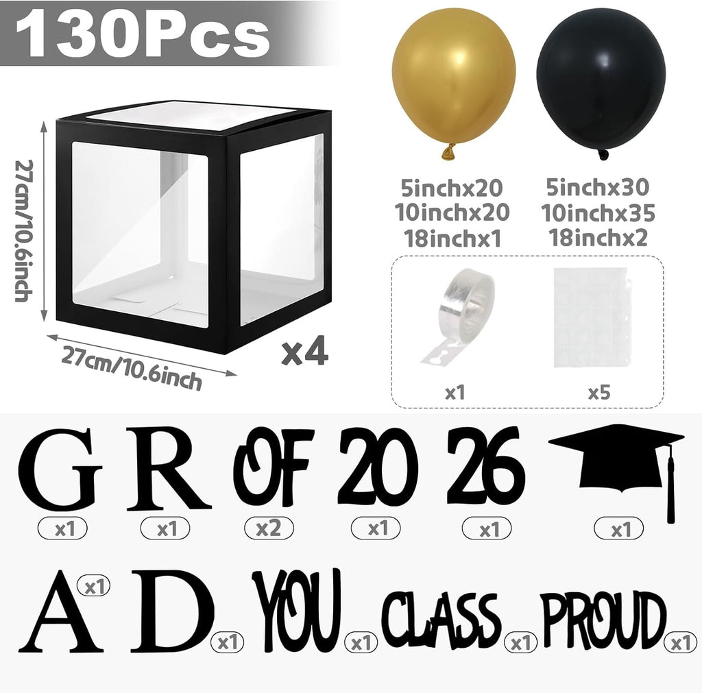 Graduation Decorations 2026,4 Pcs Transparent Balloon Boxes with Letters of GRAD,PROUD OF YOU,Class of 2026 and
