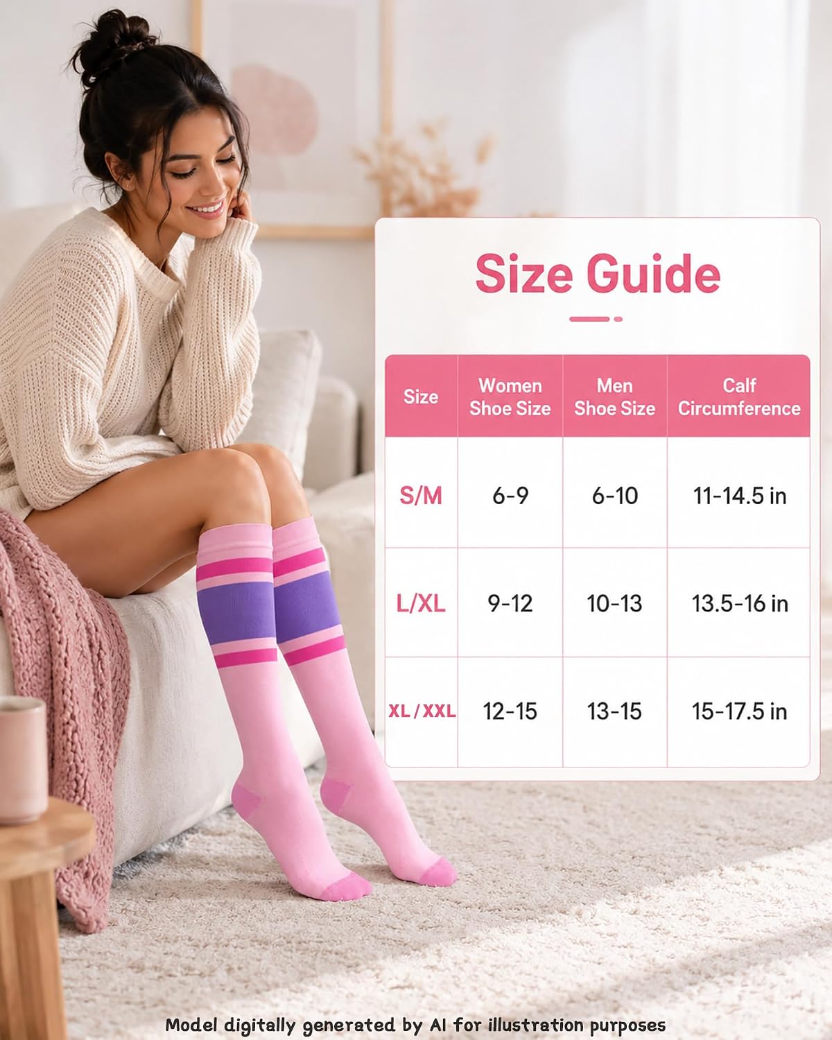 3-Pack 20-30 mmHg Cotton Compression Socks, Bright Striped
