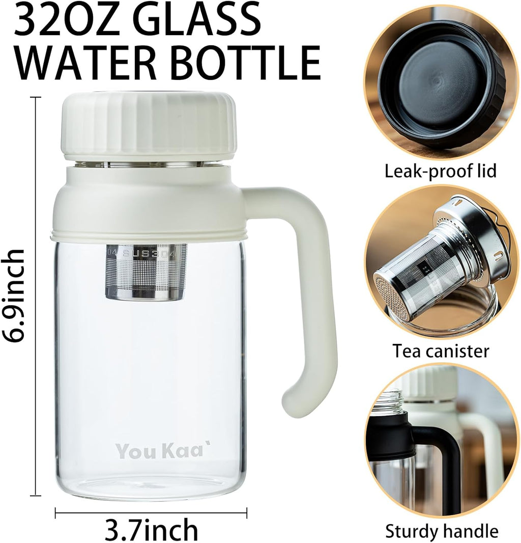 32oz Tea Infuser Bottle - Large Glass Water Bottle with Removable Infuser for Loose Leaf Tea & Fruit, Leakproof