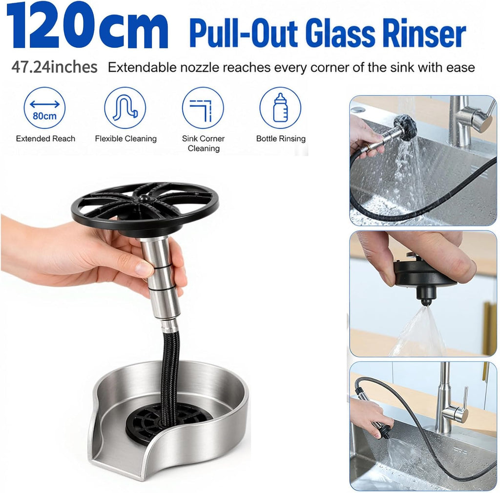 Stainless Steel Glass Rinser with 47" Pull-Out Spray for Kitchen Sink Bar