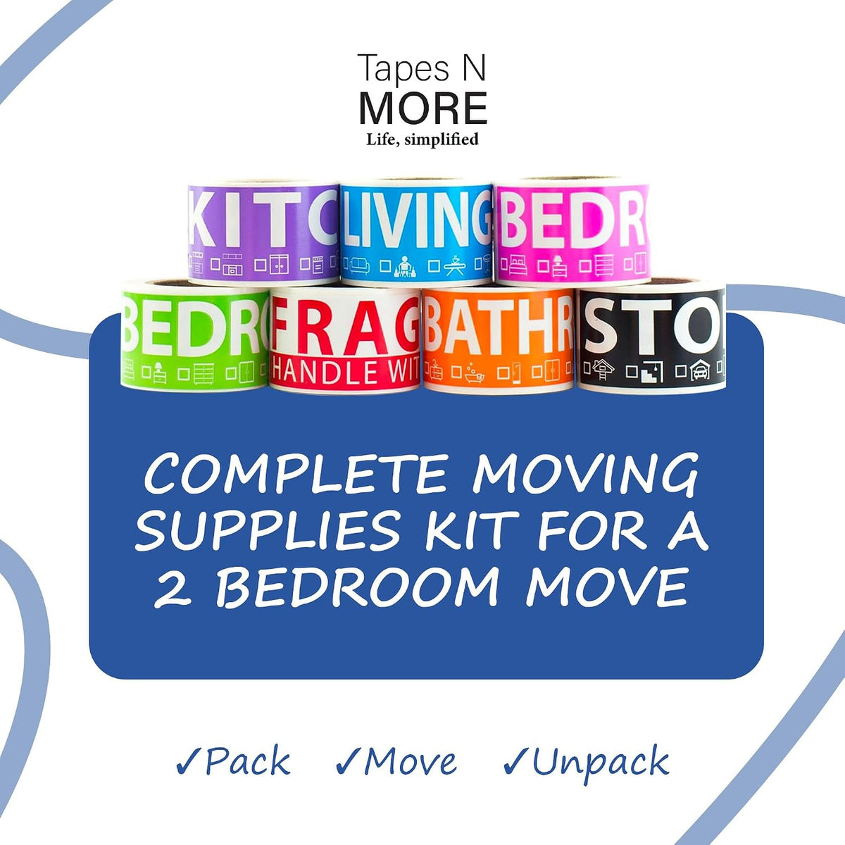 350 Home Moving Labels for 2 Bedroom House — 7 Color-Coded Room Labels (50 Each) + Fragile Stickers for Moving Boxes