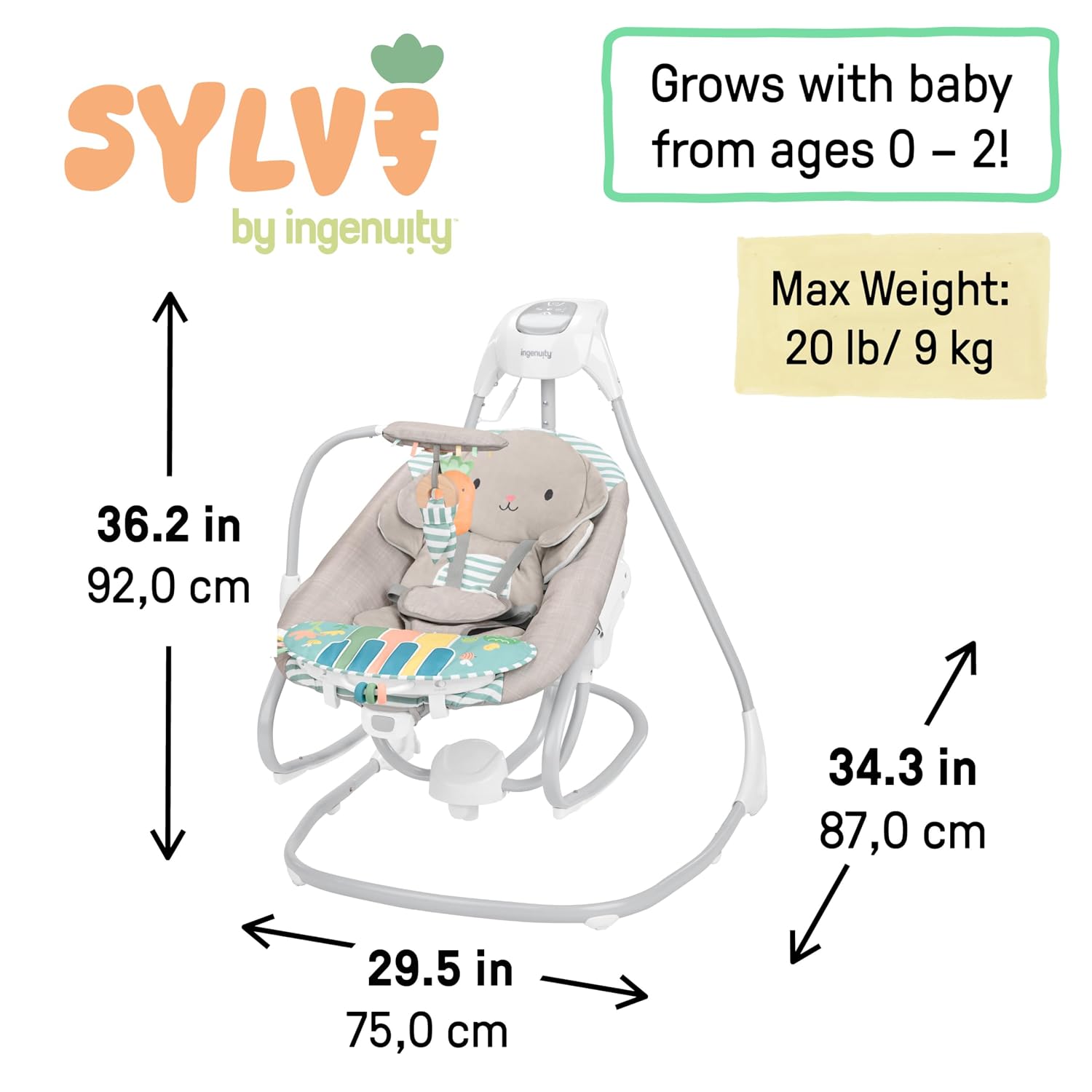 SimpleComfort Piano Playtime 4-in-1 Baby Swing & Rocker, Soothes & Grows with Baby, Rotating Seat Swings in 3