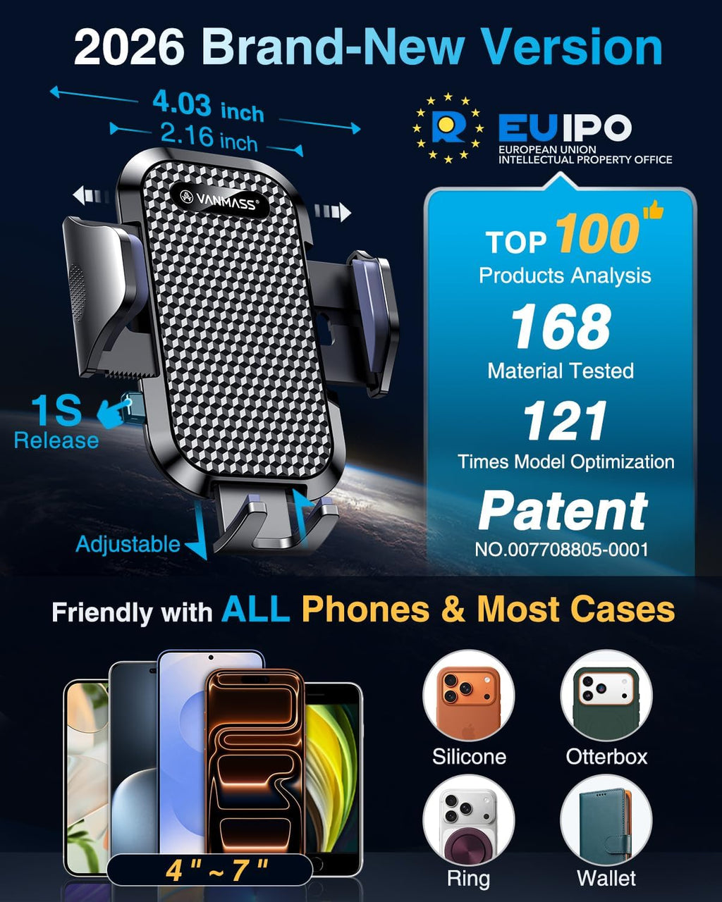[True Military-Grade] Car Phone Holder VANMASS [Upgraded Strongest Suction&Clip] Cell Phone Mount for Dashboard