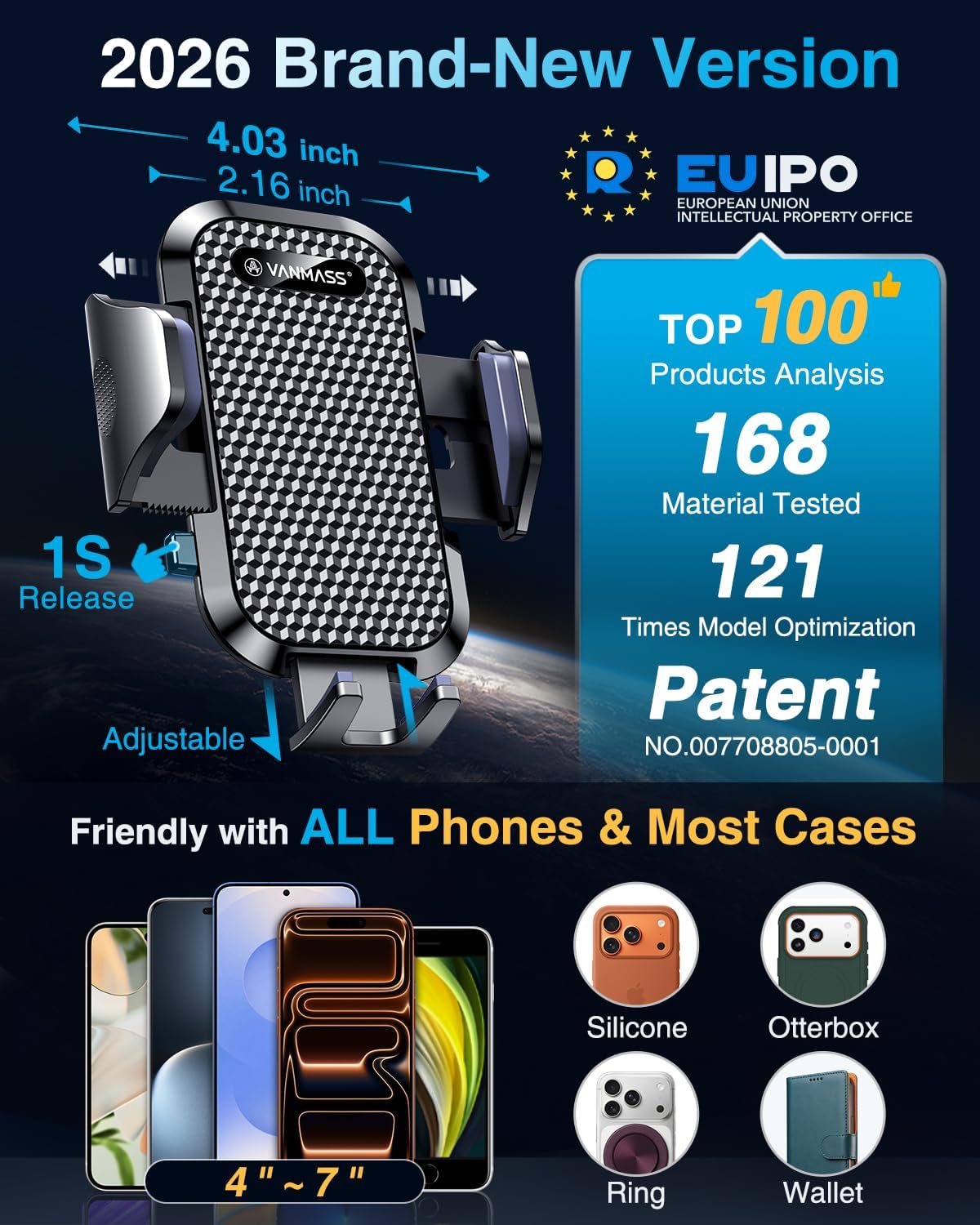 [True Military-Grade] Car Phone Holder VANMASS [Upgraded Strongest Suction&Clip] Cell Phone Mount for Dashboard