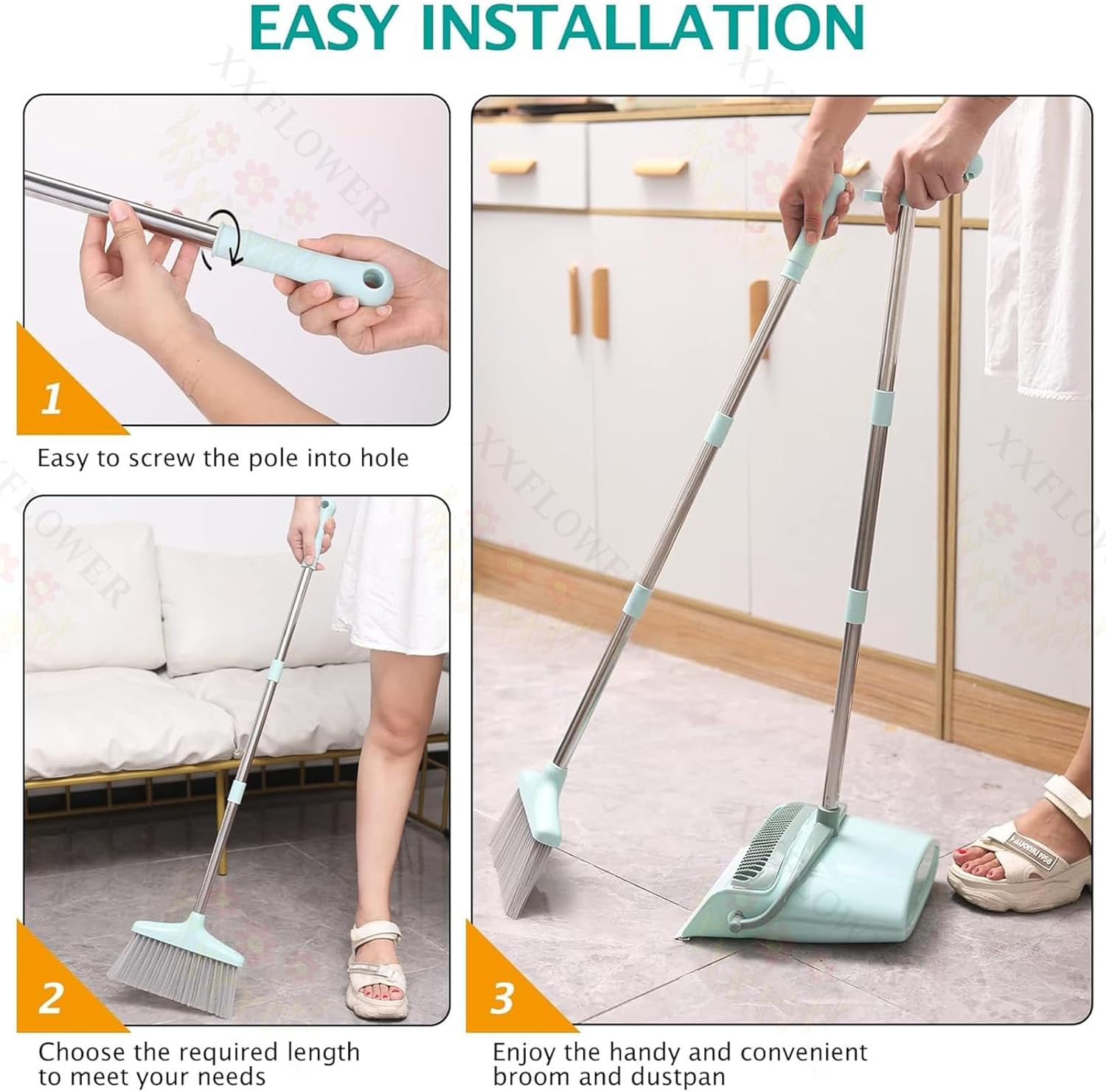 Broom and Dustpan Set with Cleaning Teeth, 55" Long Handle Indoor Sweeping Combo for Home Office Kitchen, Bluish Green