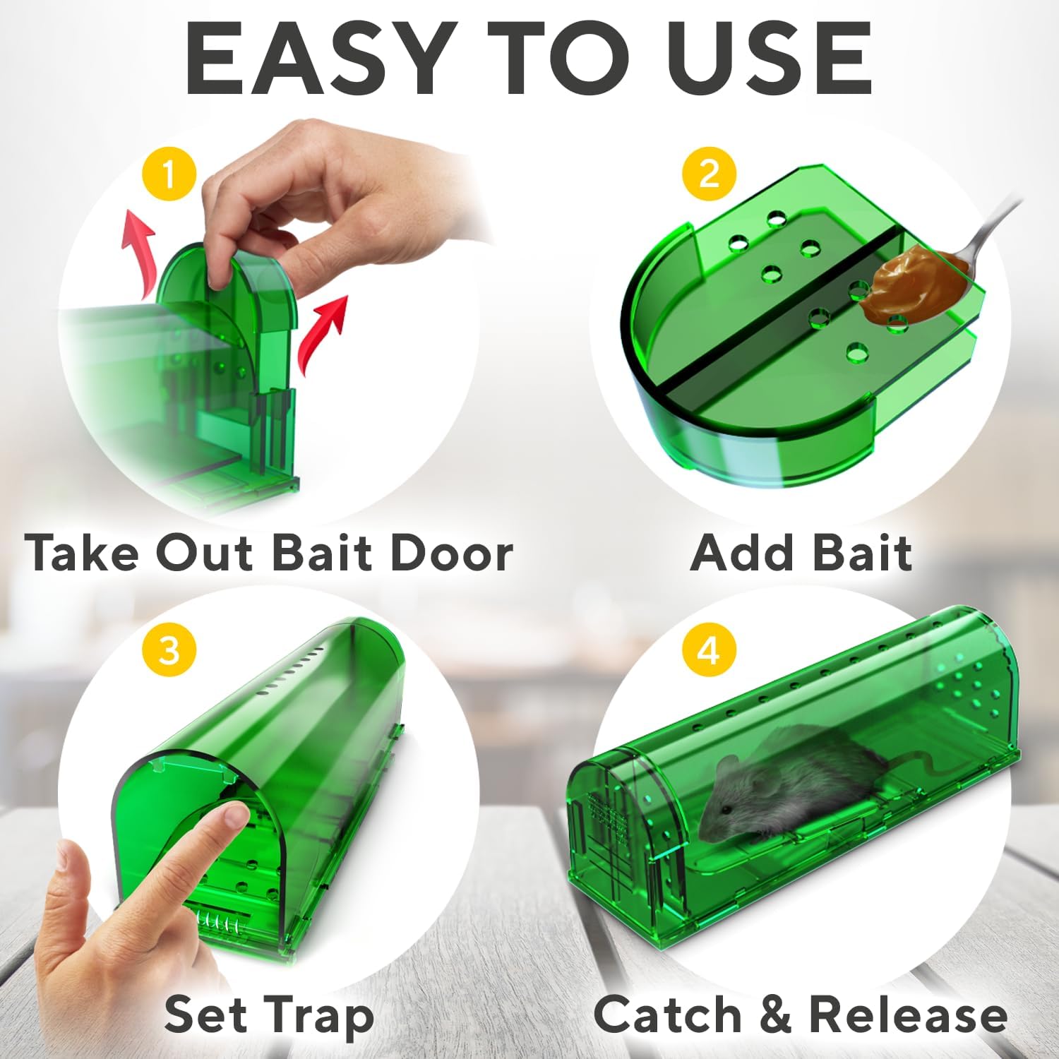 Humane Catch and Release Mouse Traps Pack of 4 - Perfect for House, Indoor & Outdoor - Easy Set Durable Mice Traps