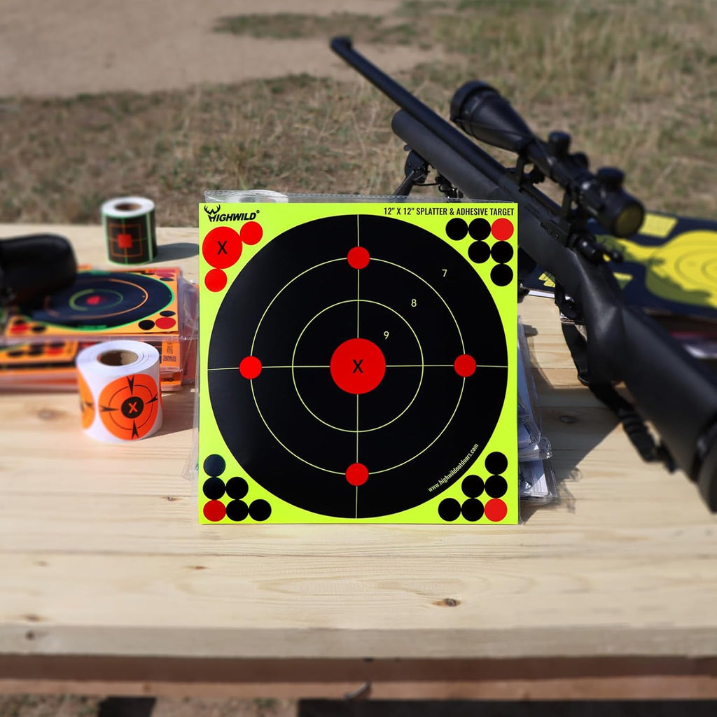 12X12 Inch Splatter Adhesive Bullseye Fluorescent Yellow Shooting Target Stickers - Suitable for Handguns, Rifles, BB