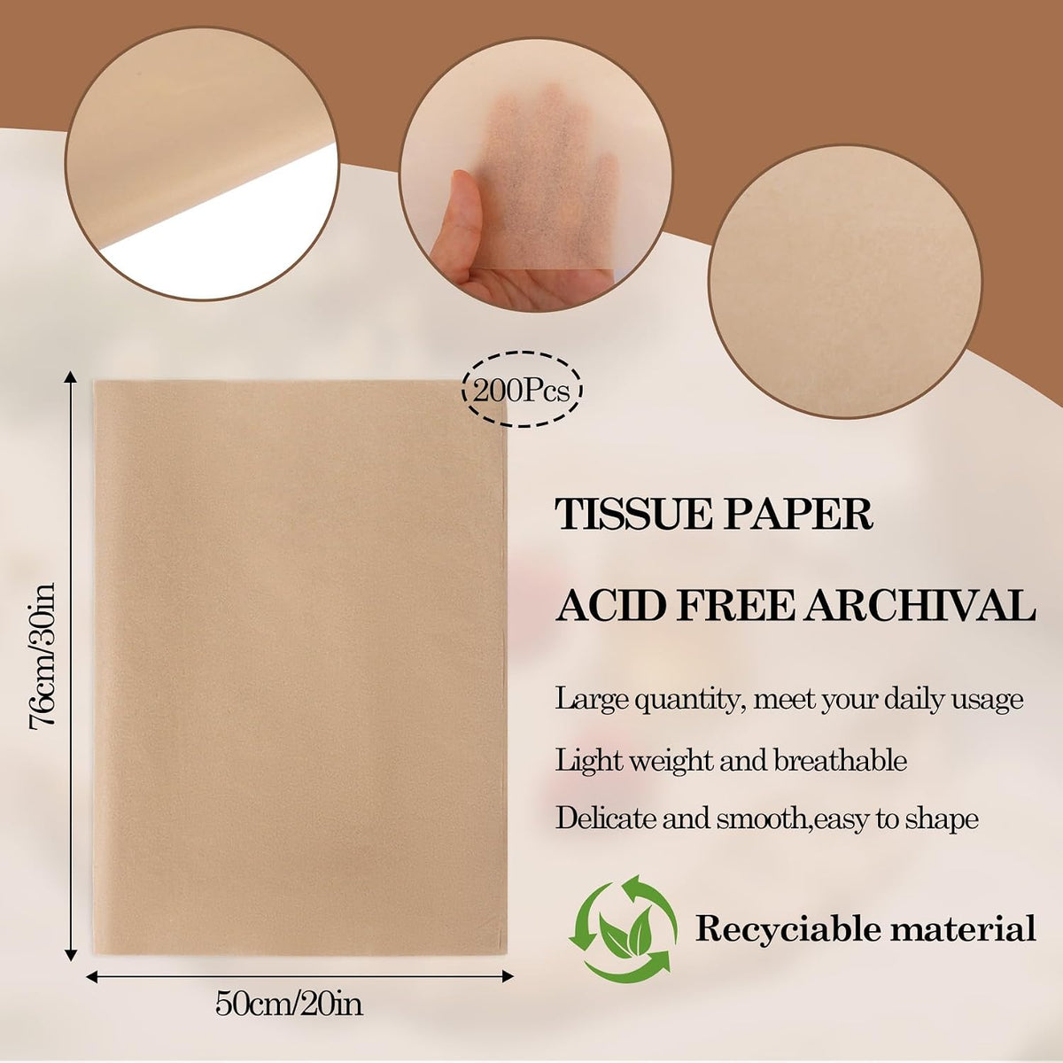 200 Sheets Brown Tissue Paper, 20 x 30 Inch Large Acid Free Tissue Paper Bulk for Gift Packaging,Clothing, Crafts