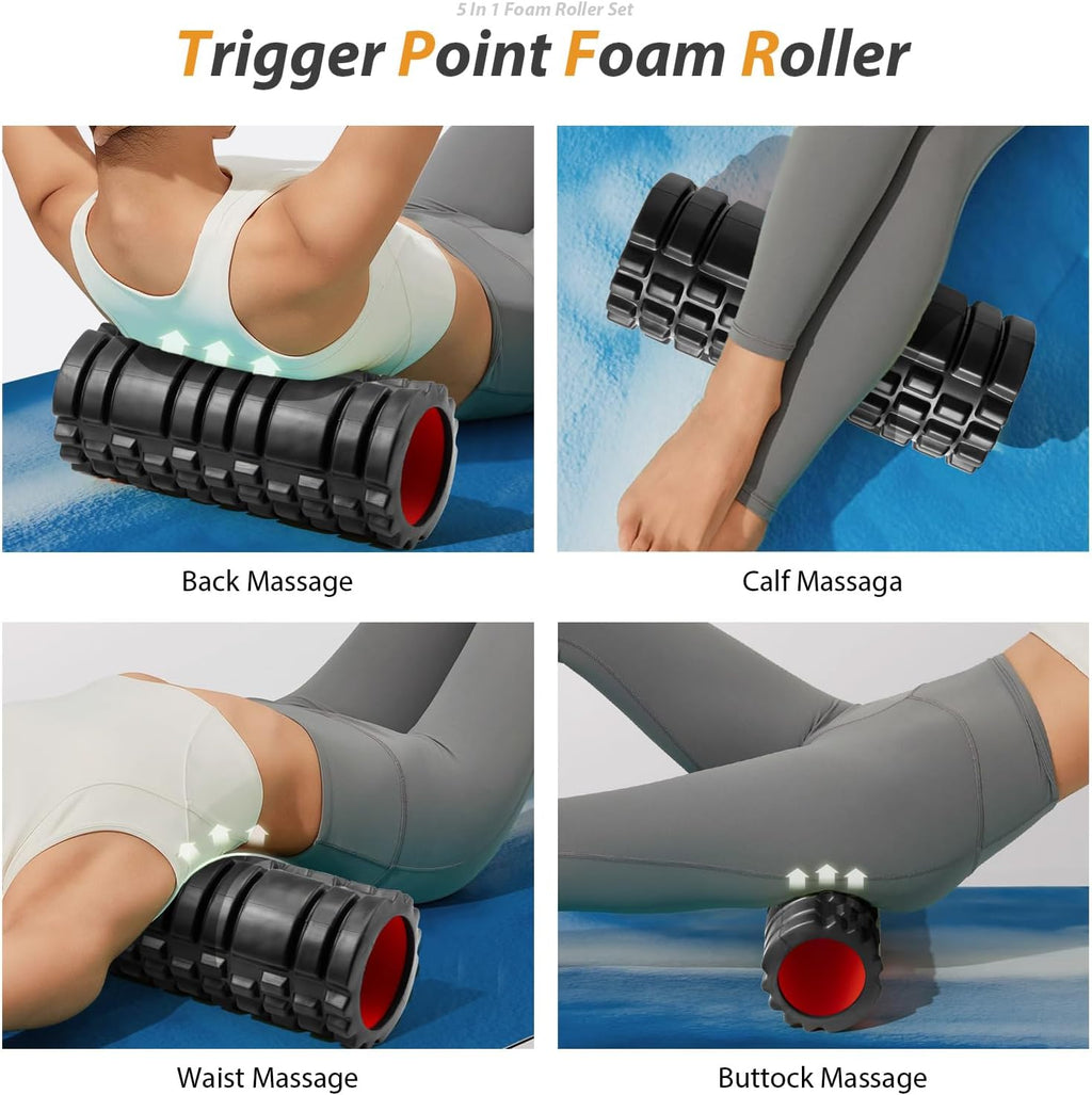 5 in1 Foam Roller Set, Trigger Point Foam Roller Deep Tissue | Massage Roller Stick, Massage Ball, Resistance Band