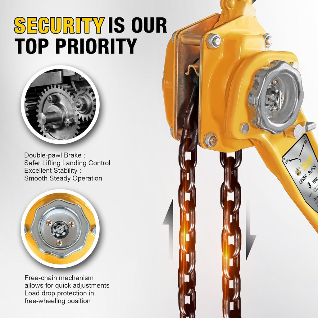 3 Ton Manual Lever Chain Hoist, G80 Galvanized Carbon Steel with Weston Double-Pawl Brake, Chain Come Along and