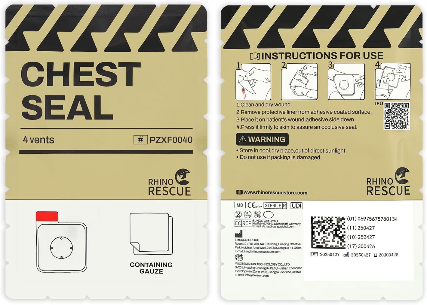 Vented Chest Seal, 4 Vents, Sterile Emergency Trauma Dressing, Occlusive Adhesive Pad, IFAK Trauma Refill Medical