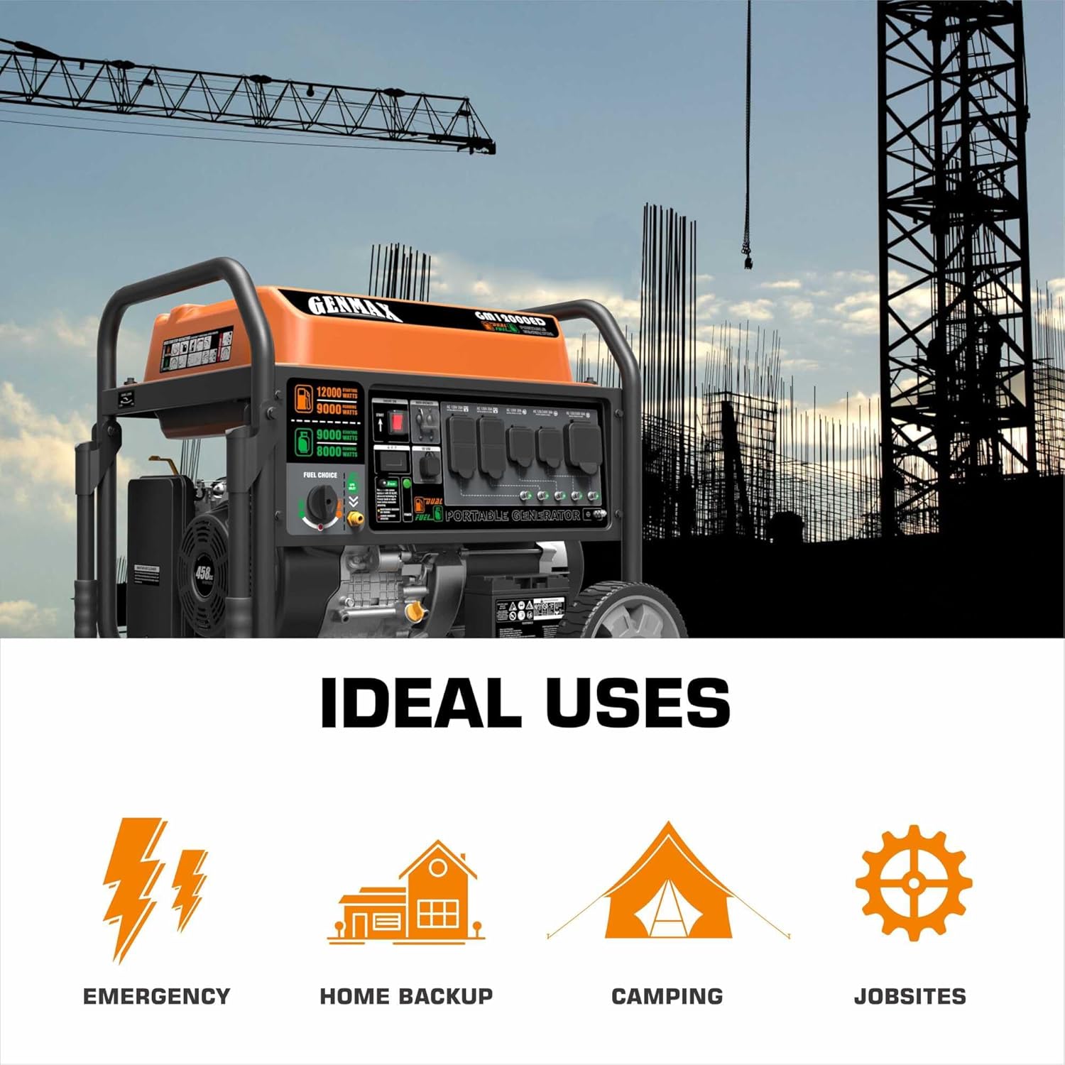 Dual Fuel Portable Generator，GM12000ED Gas or Propane Powered Electric Start-Home Back Up, EPA Compliant