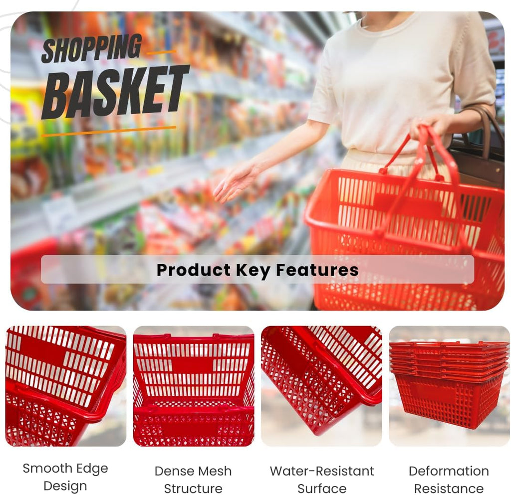 Stackable Plastic Shopping Baskets, Red and Blue, Easy-Grip Handles for Grocery, Retail, Liquor Stores, Home Use