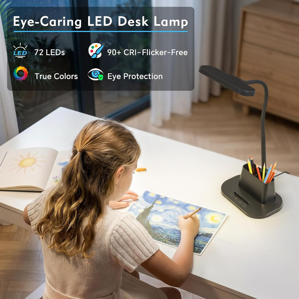 Desk Lamp for Home Office Reading Light with USB Charging Port Black | Small Desk Lamps with Pen Holder, 5 Color