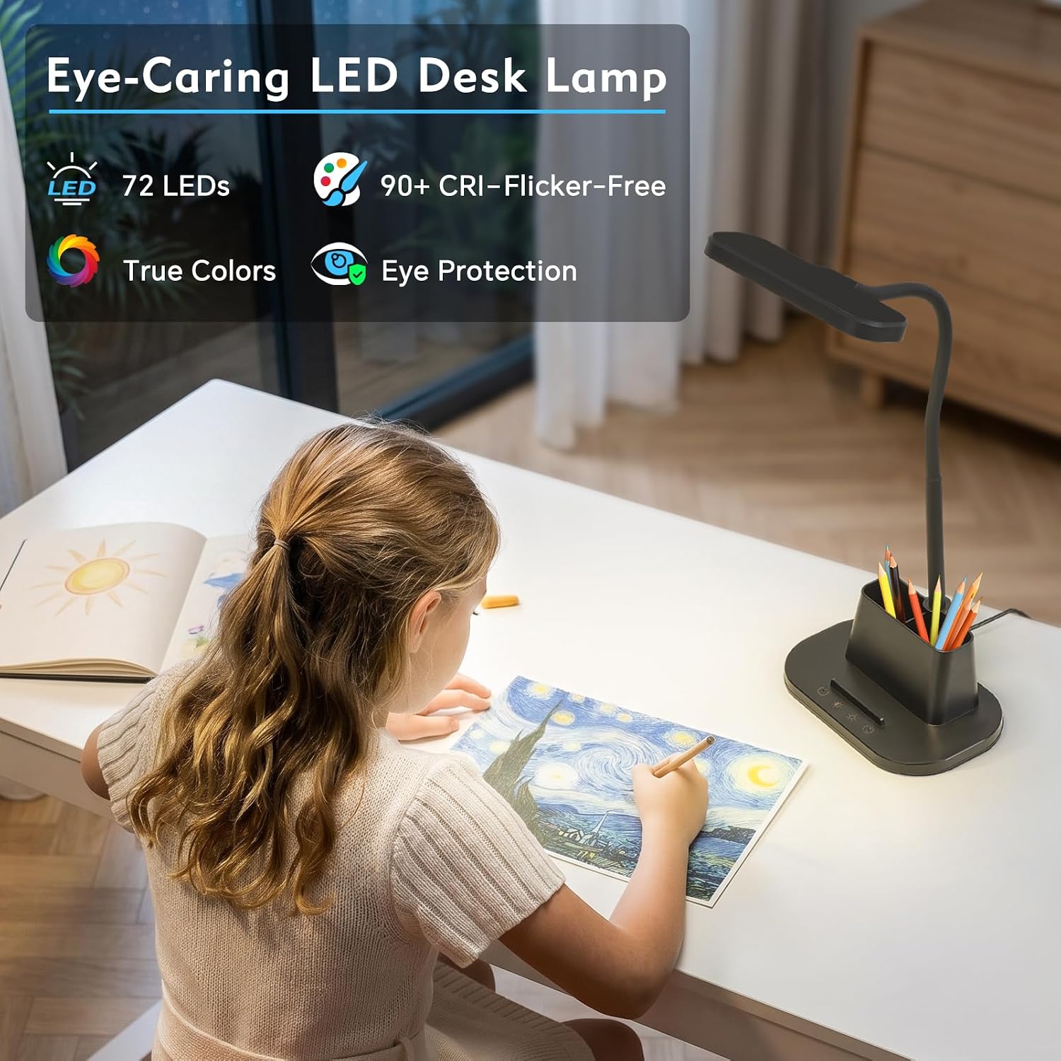 Desk Lamp for Home Office Reading Light with USB Charging Port Black | Small Desk Lamps with Pen Holder, 5 Color