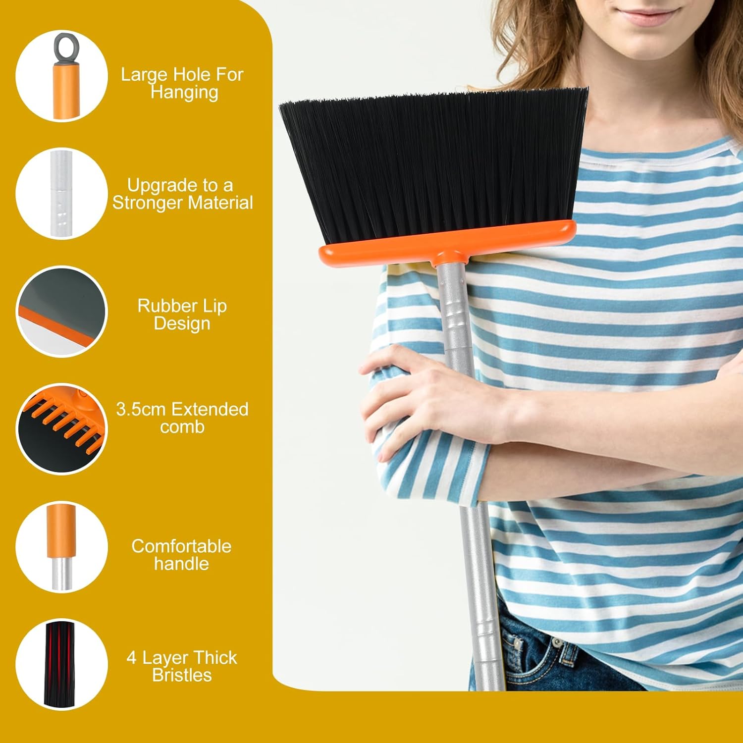Broom and Dustpan Set with 54 Inch Long Handle - Perfect Dust Pan and Brush Combo for Home Efficient Cleaning (Orange