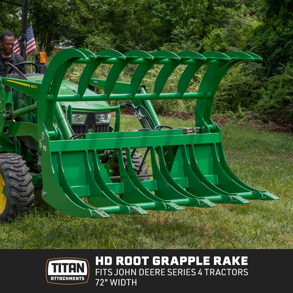 72" HD Root Grapple Rake Attachment, Fits John Deere Hook & Pin Tractors, Twin 3,000 PSI Cylinders, Clears Rocks