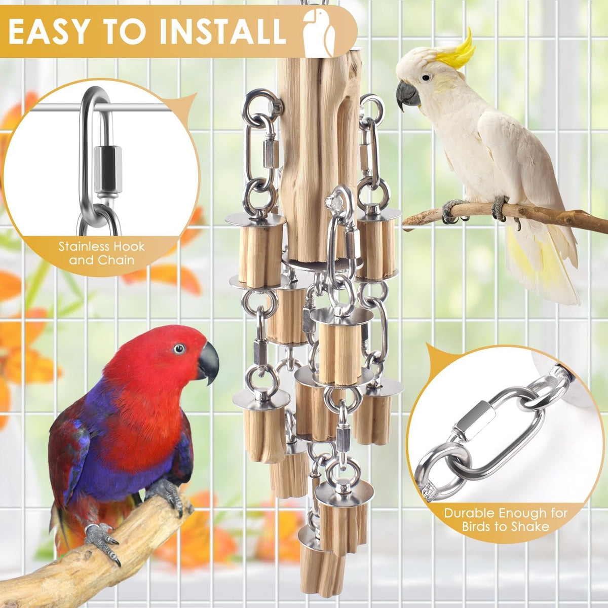 Parrot Toys for Large Birds with Detachable Parts, 304 Stainless Steel and Natural Hardwood Chew Toy for Macaw