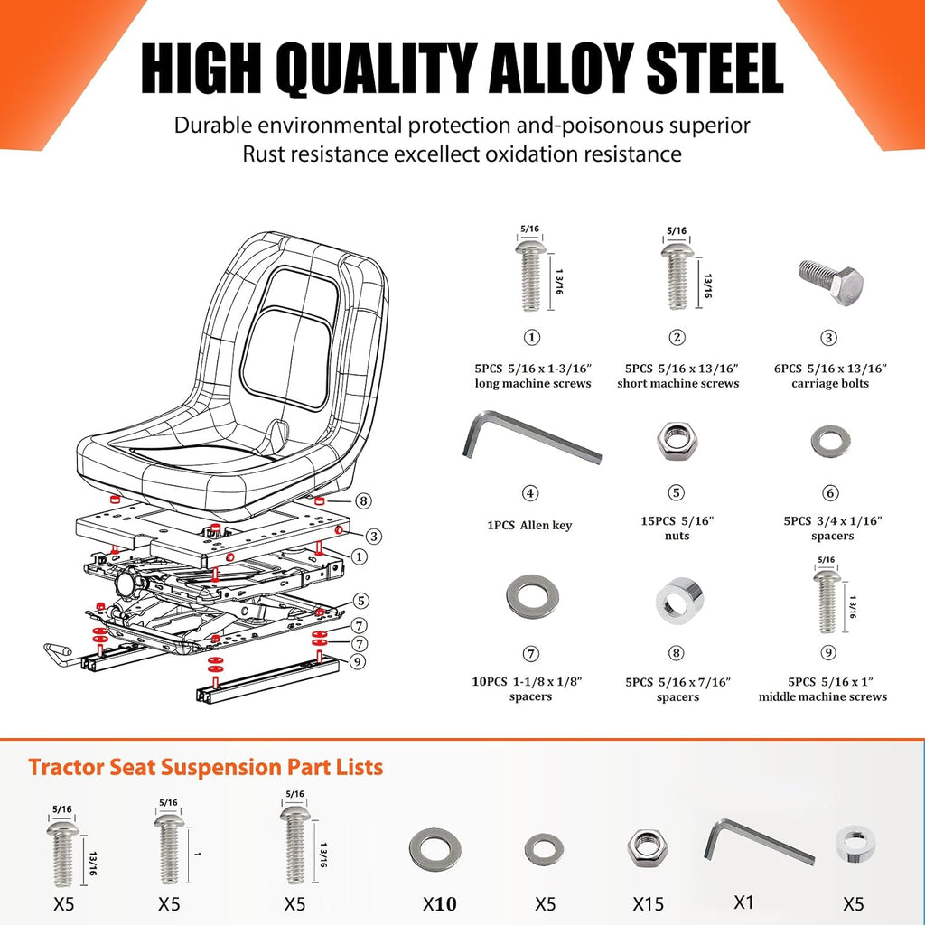 Suspension Kit with Slider Track for Zero Turn Lawn Mower Tractor Forklift, Compatible with Most Aftermarket Seats