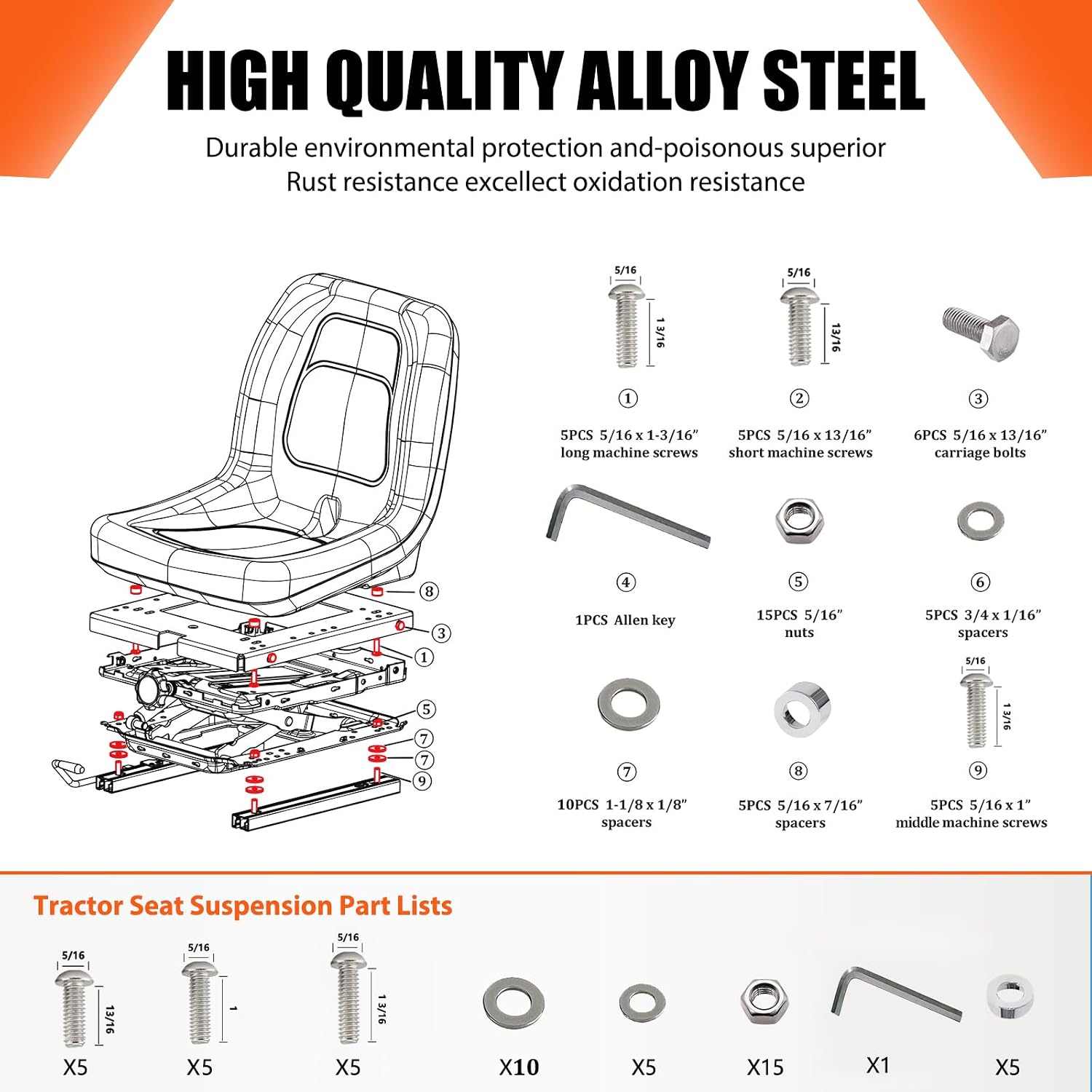 Suspension Kit with Slider Track for Zero Turn Lawn Mower Tractor Forklift, Compatible with Most Aftermarket Seats