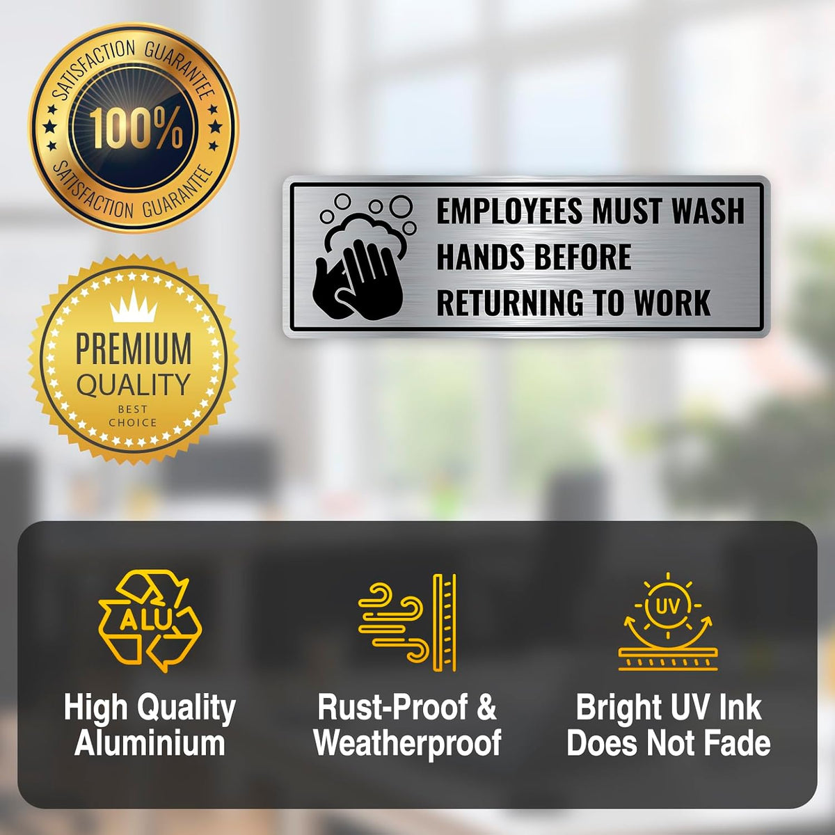 2PC Employees Must Wash Hands Sign, 9 x 3 Inches - Brushed Silver Aluminum - Employee Hand Washing Before Returning