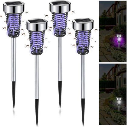 4 Pack Outdoor Solar Bug Zapper,Purple Light,Silver | Mosquito Repellent, Solar Powered, Waterproof, LED Light Lamp