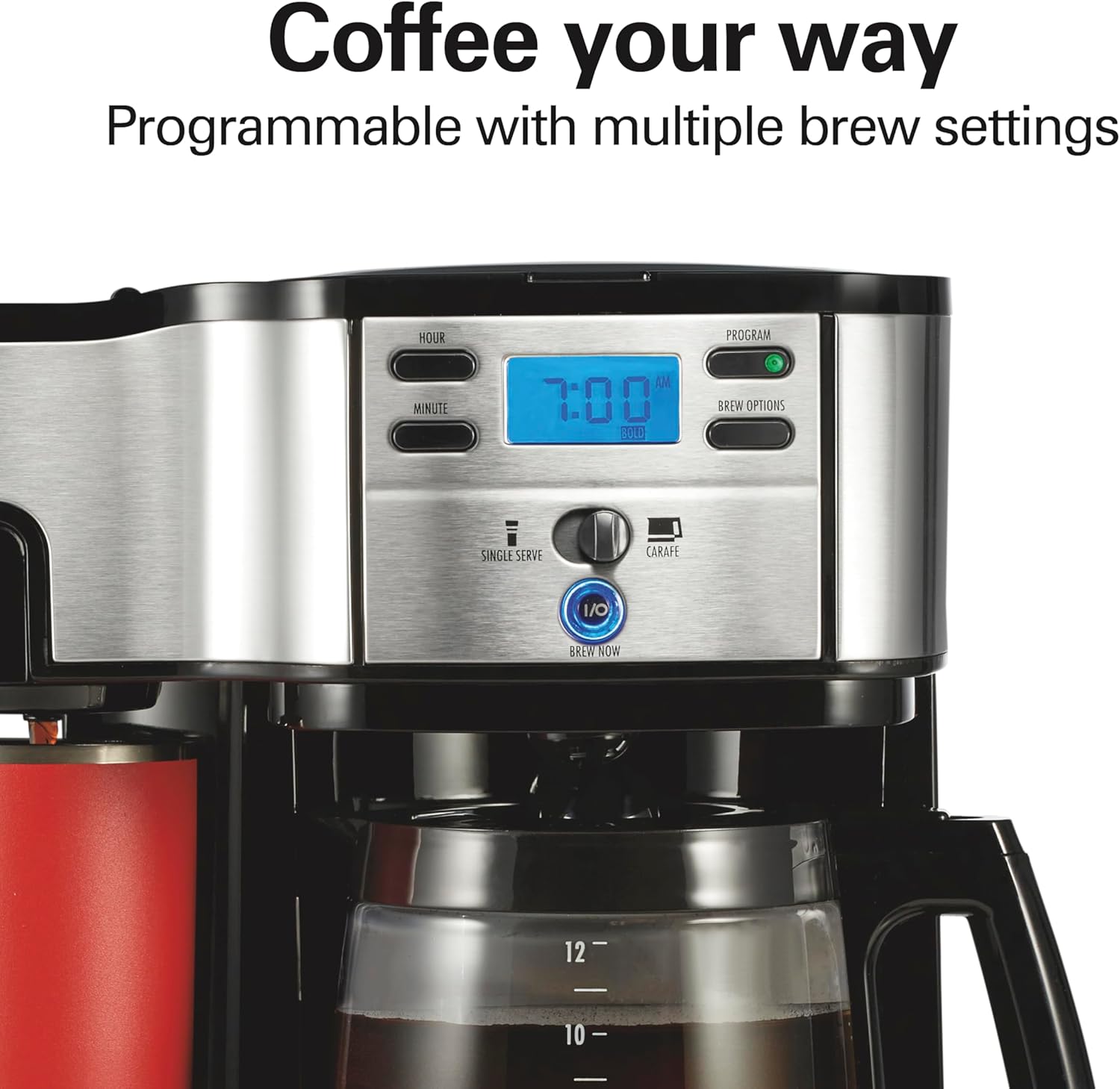 2-Way Brewer Coffee Maker, Single-Serve and 12-Cup Pot, Black/Stainless Steel(49980A), Carafe | 12 Cup Glass Carafe |