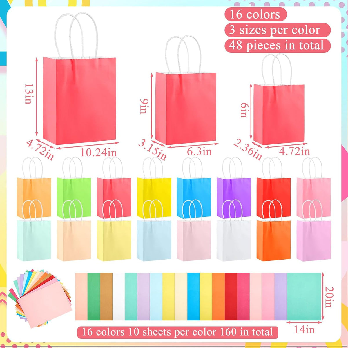 208 Pcs Gift Bags Bulk Assorted Sizes with Handles, 48 Pack 3 Sizes (Small 6", Medium 9", Large 13") with 160 Tissue