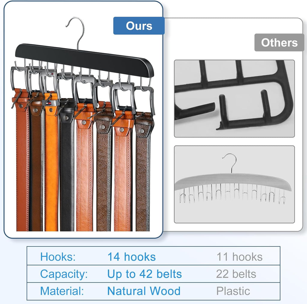 Belt Hanger for Closet Max 42 Belts, Sturdy Wood Belt Rack Closet Accessories with 14 Hooks Belt Organizer for Closet