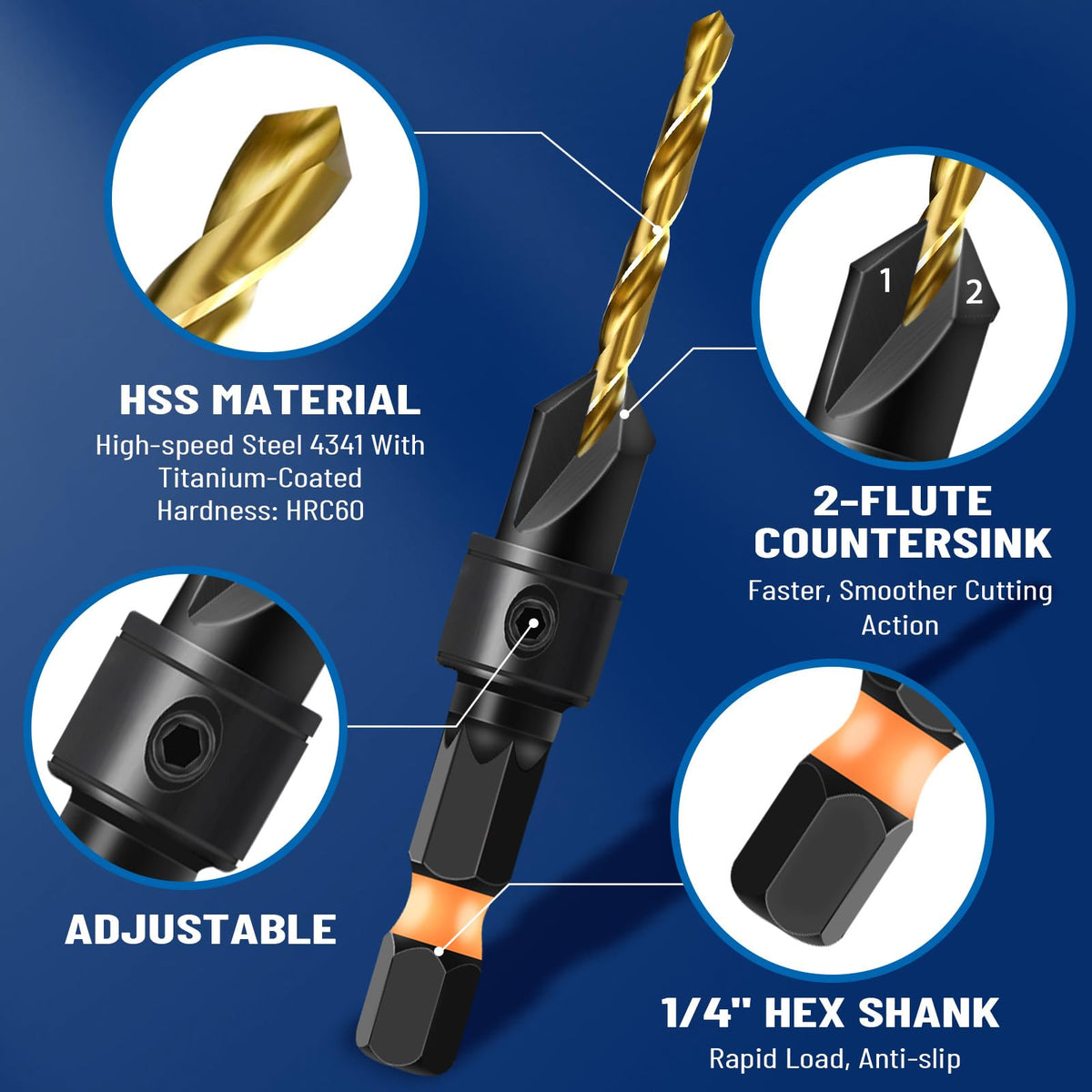 shengbenhao #4 Countersink Drill Bit Set for Wood 12Pcs Adjustable