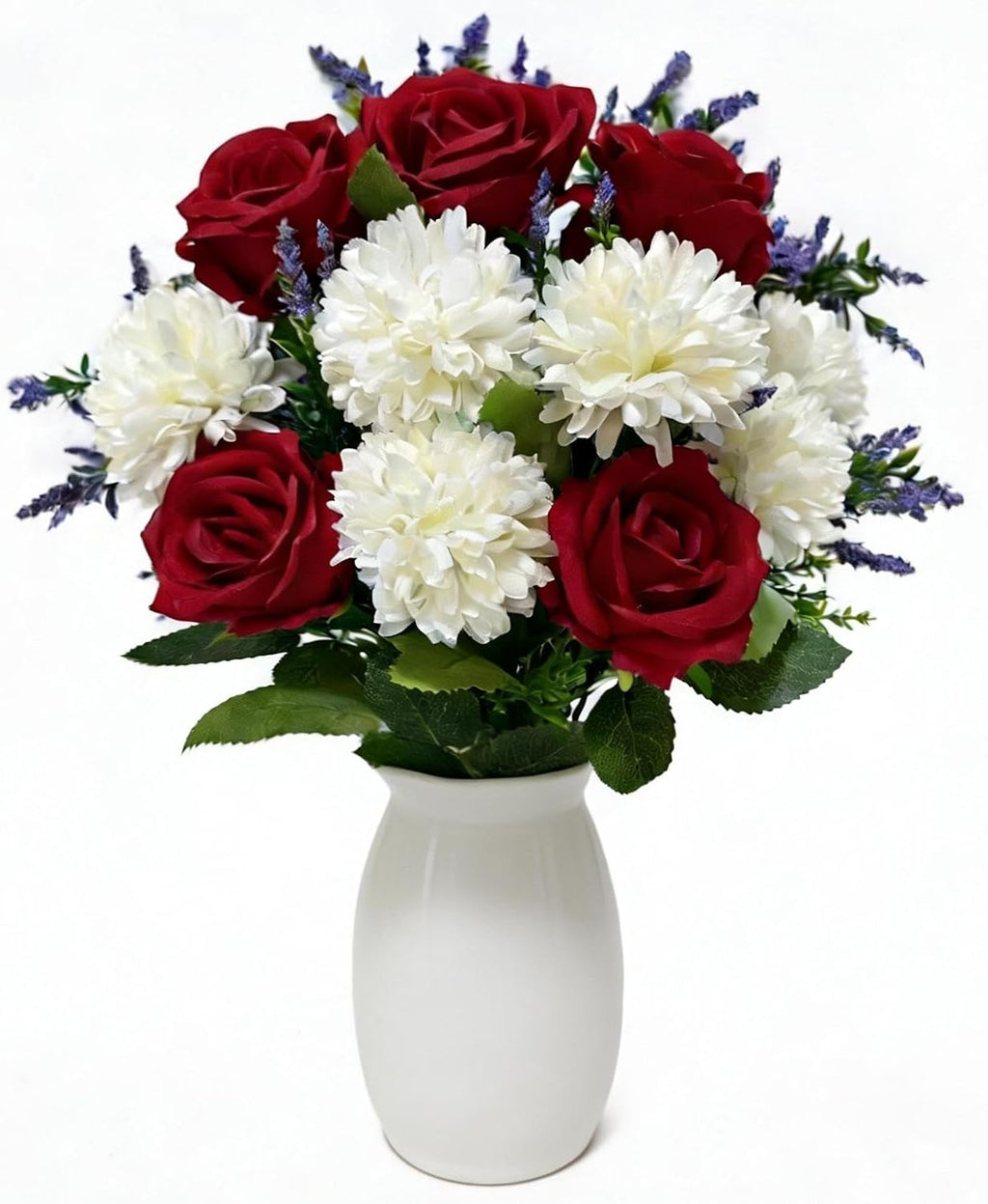 Artificial Spring Cemetery Flowers for Grave Vase - Red Roses & White Ball Chrysanthemums Bouquet, Silk Funeral