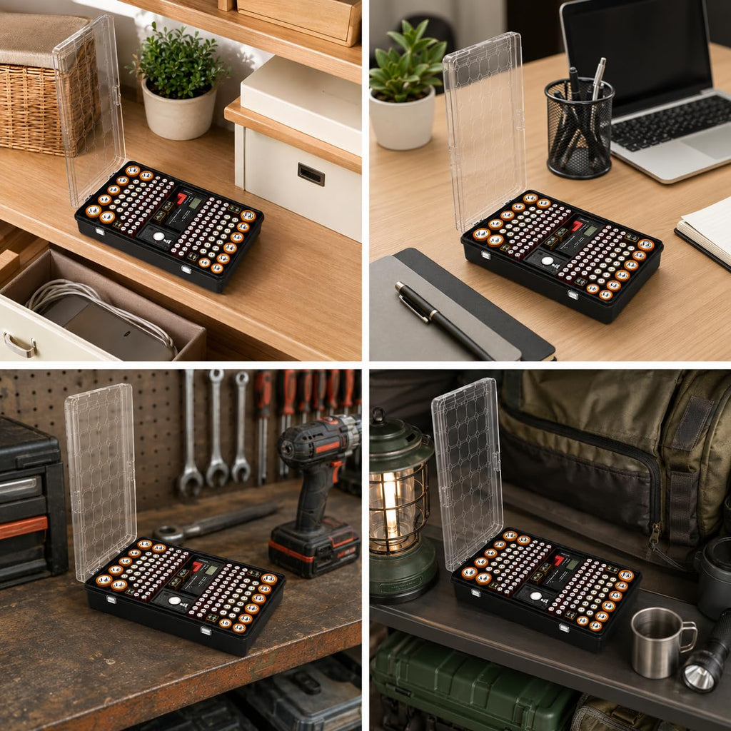 Battery Organizer Storage Case with Tester, Holds 136 Batteries | AA AAA C D 9V & Button Cell Slots Clear Locking Lid