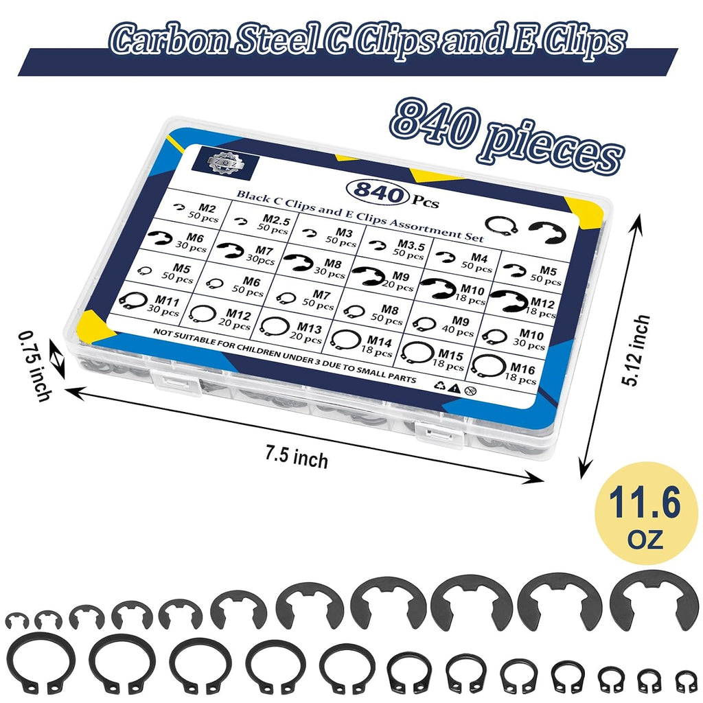 ZQZ 840Pcs C Clips and E Clips Assortment Kit, External Retaining Rings Set