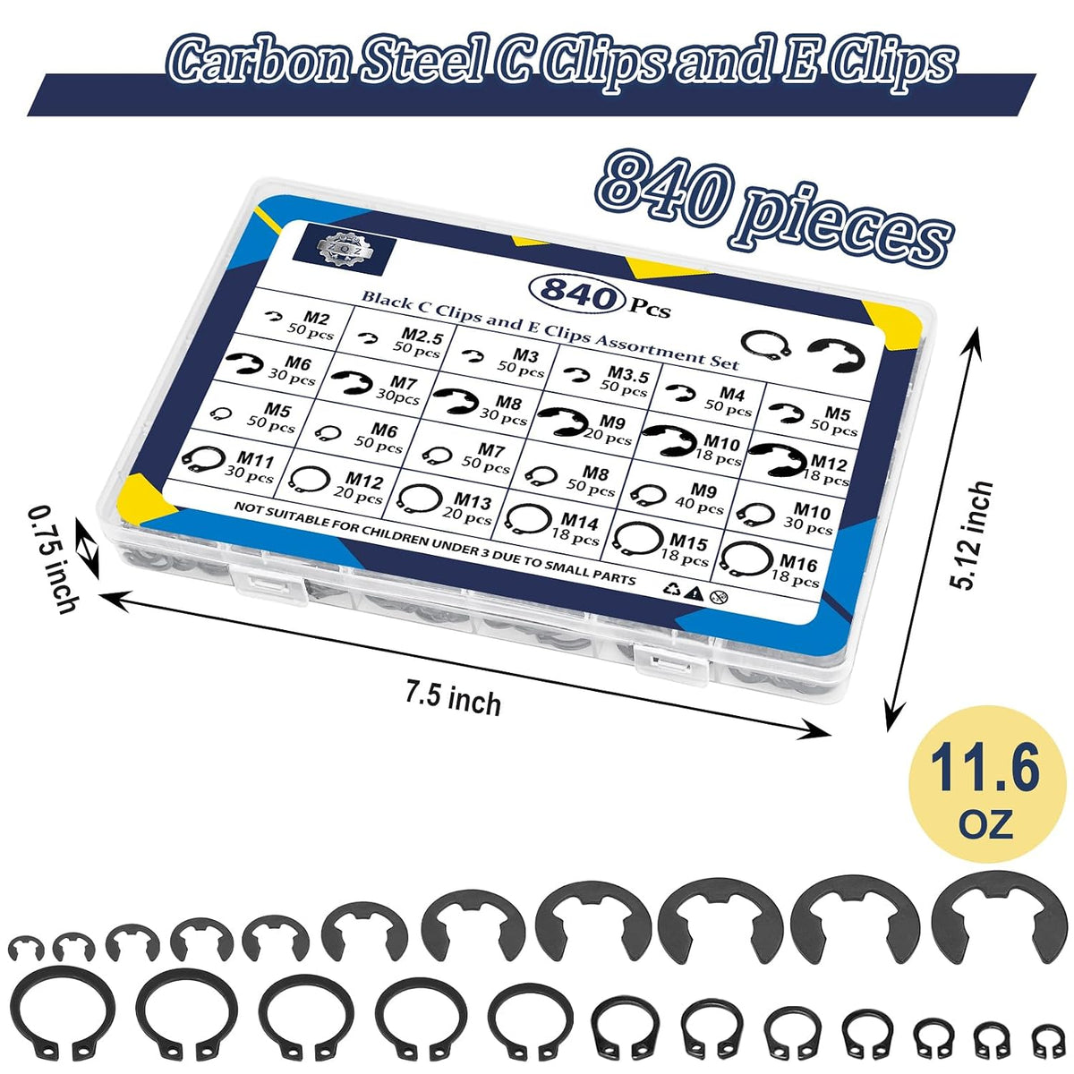 ZQZ 840Pcs C Clips and E Clips Assortment Kit, External Retaining Rings Set