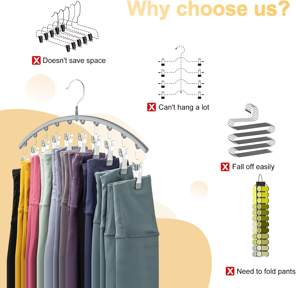 Legging Organizer for Closet, Metal Yoga Pants Hanger w/Rubber Coated 2 Pack w/10 Clips Hold 20 Leggings, Hangers