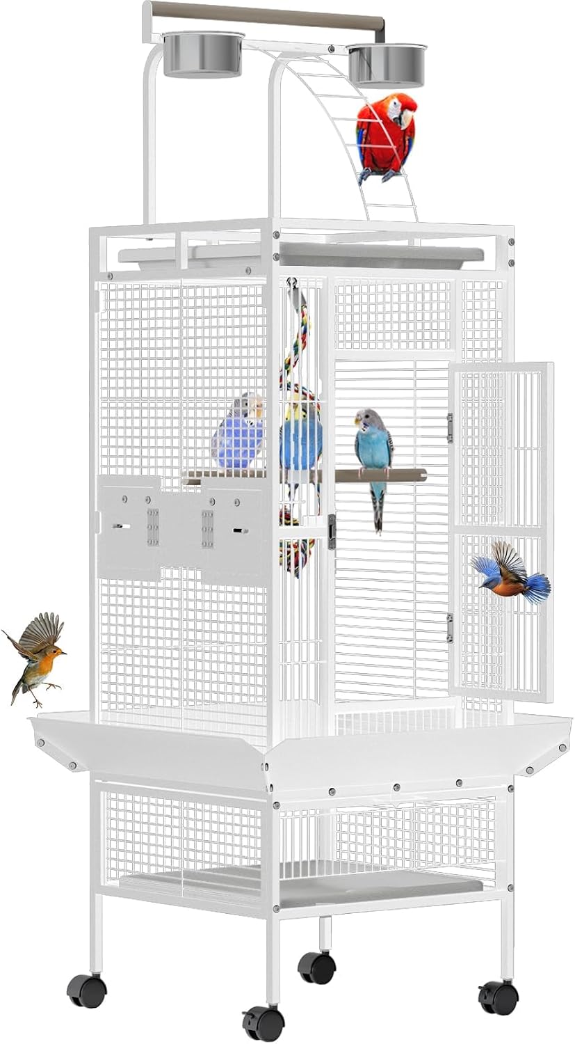 60 Inch Wrought Iron Bird Cage - Spacious Parrot Cage with Rolling Stand, Play Top & 4 Stainless Steel Bowls - for