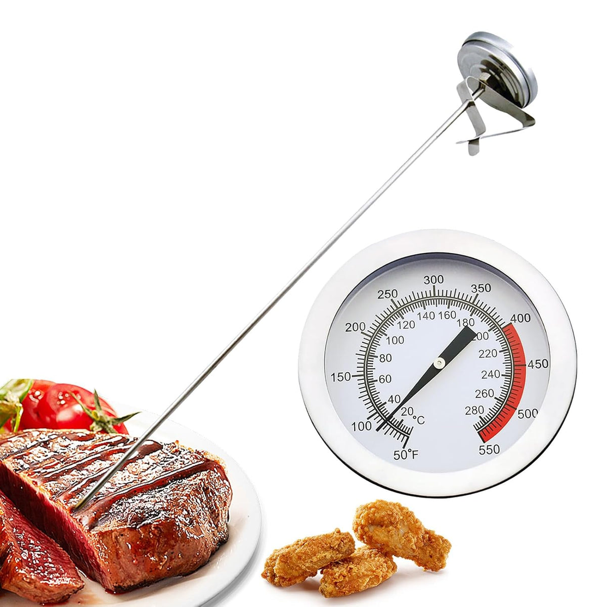 Candy Meat & Deep Fry Thermometer with Pot Clip, 15" Stainless Steel Probe