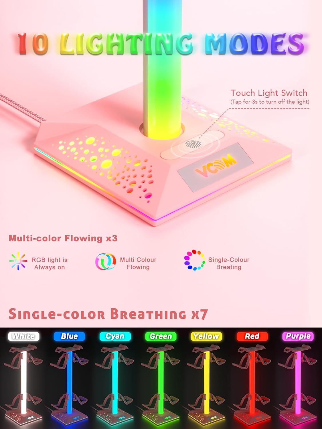 COM RGB Gaming Headphones Stand with 2 USB Ports, Pink Headset Stand with 10 Light Modes and Non-Slip Rubber