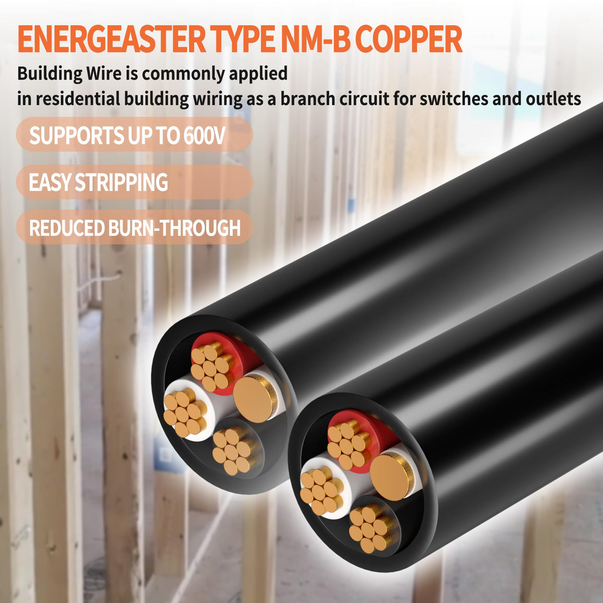 Energeaster Stranded Indoor 8/3 NM-B Copper Cable with Ground 125FT, Black