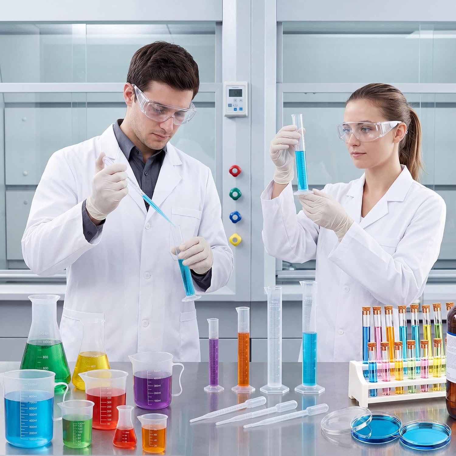 60 pcs Beakers and Test Tubes Set Include 6 Graduated Cylinder 7 Beakers 4 Flask 20 Droppers 20 Test Tubes with Rack