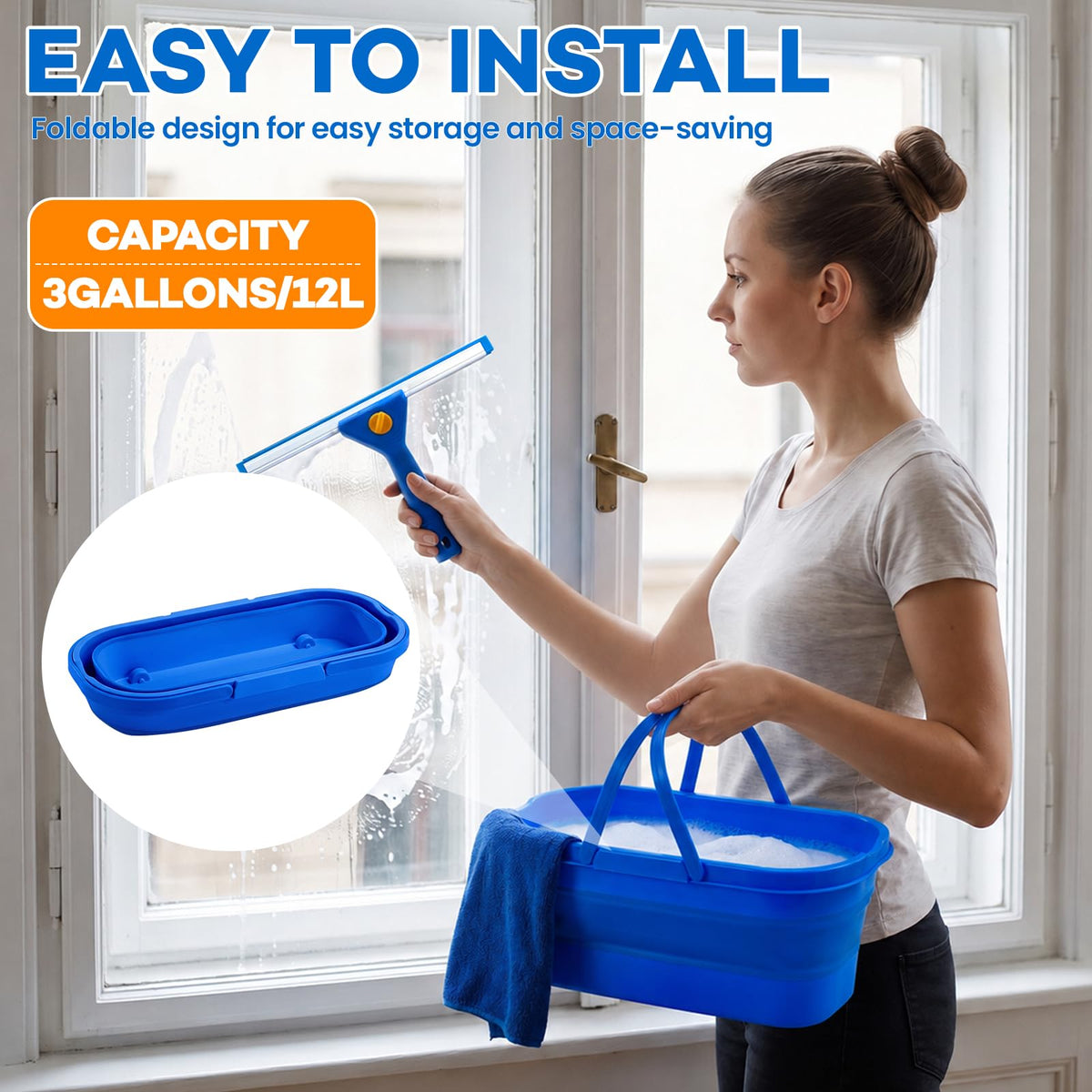7Pcs Window Cleaning Kit with 3Gal Collapsible Bucket & 81"Squeegee